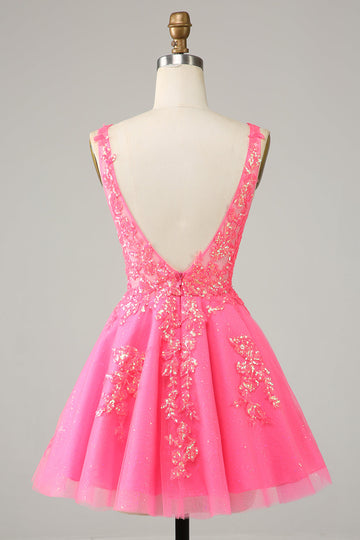 Fucsia lentejuelas V cuello sin espalda vestido corto de bienvenida